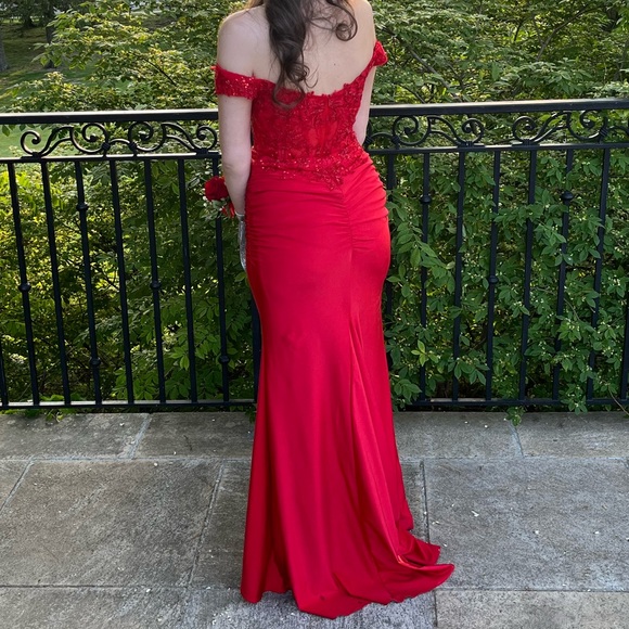 red off the shoulder lace corset top prom dress - Picture 3 of 3